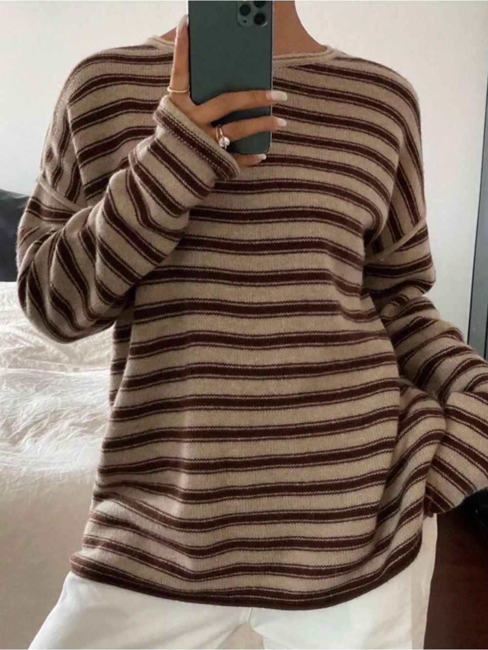 Striped Crewneck Sweater in Cream and Brown - Picture 2 of 3